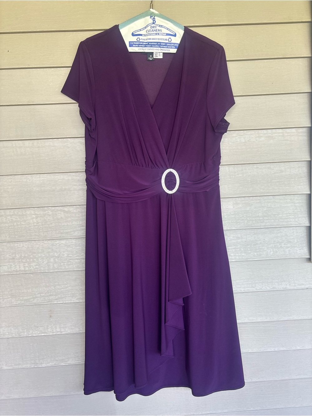 R&M Richards Purple Faux-Wrap Midi Dress with Rhinestone Buckle